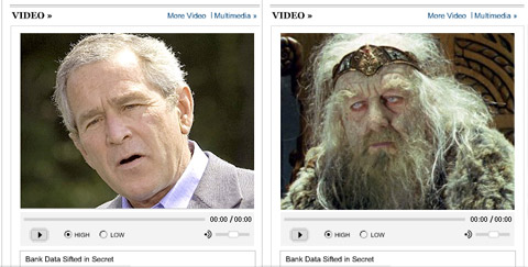 President Bush's face in a video frame, looking a bit pale and old, next to an image of King Theoden, looking very pale and old.