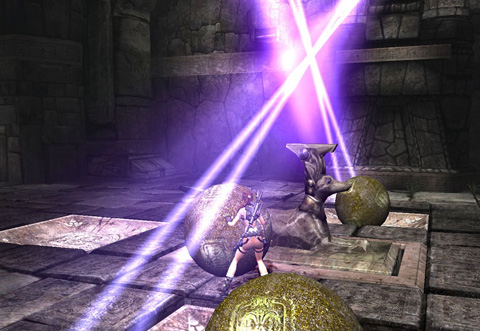 Lara pushes a third stone ball past a dog statue to a divot in the ground, to affect beams of purplish light in this ruin.